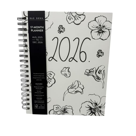 Rae Dunn Other - Rae Dunn 2026 17 Month Planner White Black Flowers Spiral Hardcover 8/25-12/26